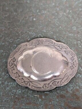 Vintage Kirk Stieff Pewter Repousse Etched Flowers Oval Letter C Brooch Pin
